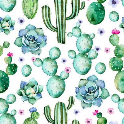 Tapete Nahtlose Muster mit hoher Qualität Hand bemalt Aquarell Kaktus Pflanzen, Sukkulenten und lila Blüten. Pastellfarben, perfekt für Ihr Projekt, Hochzeit, Grußkarte, Foto, Blog, Tapete, Muster, Textur