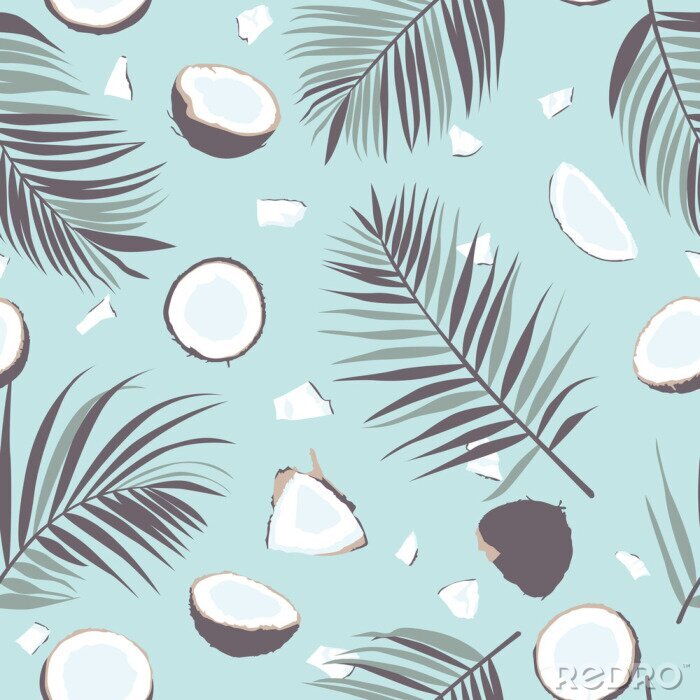 Tapete Nahtlose Muster mit Kokosnuss und Palmblättern. Tropische Muster Hintergrund. Vektor-Illustration