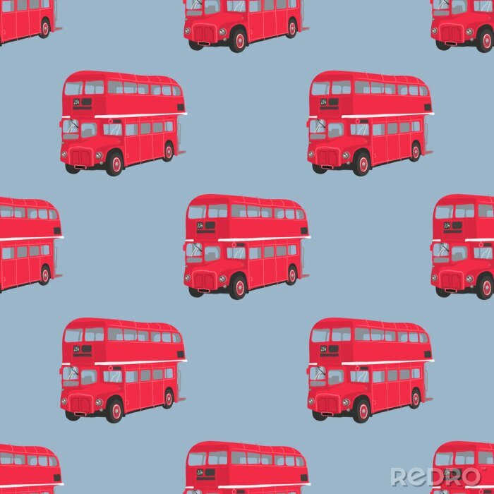 Tapete Nahtlose Muster mit London roten Bus. Doppeldecker roten Bus Vektor-Illustration. Öffentliche Verkehrsmittel. Retro-Bus auf blauem Hintergrund