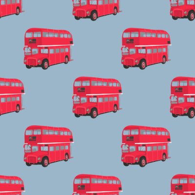 Tapete Nahtlose Muster mit London roten Bus. Doppeldecker roten Bus Vektor-Illustration. Öffentliche Verkehrsmittel. Retro-Bus auf blauem Hintergrund