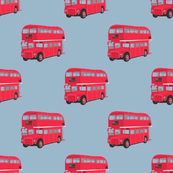 Tapete Nahtlose Muster mit London roten Bus. Doppeldecker roten Bus Vektor-Illustration. Öffentliche Verkehrsmittel. Retro-Bus auf blauem Hintergrund