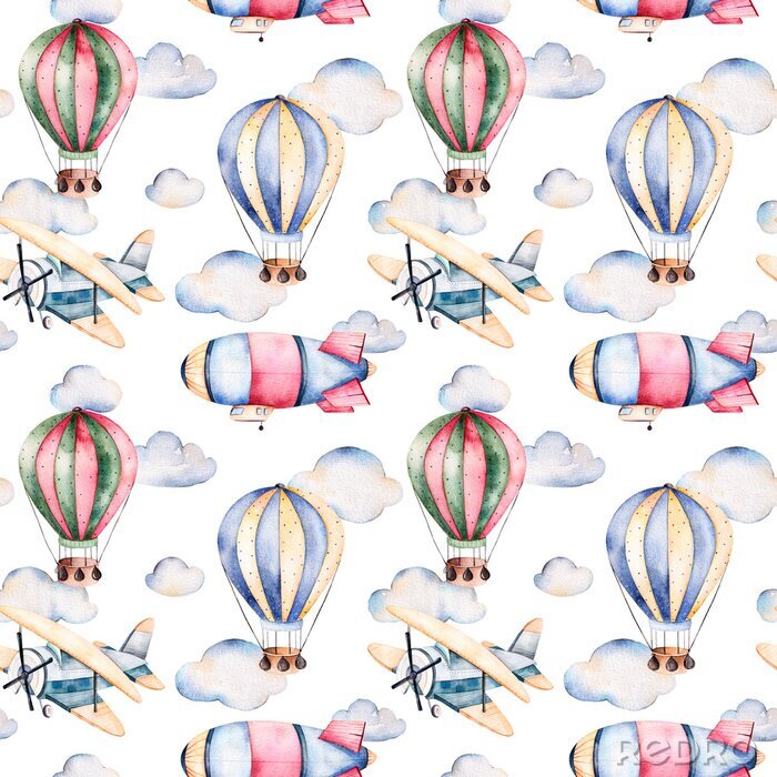 Tapete Nahtlose Muster mit Luftballons, Luftschiff, Wolken und das Flugzeug in Pastellfarben. Watercolor Luft Ballons schön verziert auf weißem Hintergrund und andere aircrafts.Perfect für Tapeten