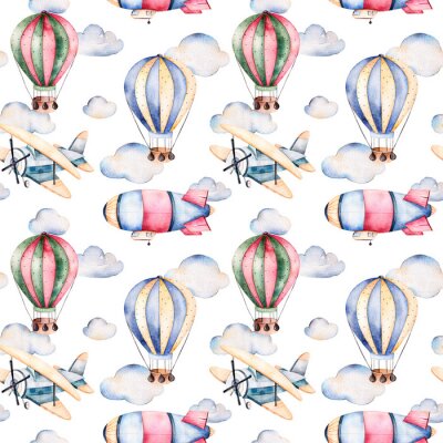 Tapete Nahtlose Muster mit Luftballons, Luftschiff, Wolken und das Flugzeug in Pastellfarben. Watercolor Luft Ballons schön verziert auf weißem Hintergrund und andere aircrafts.Perfect für Tapeten