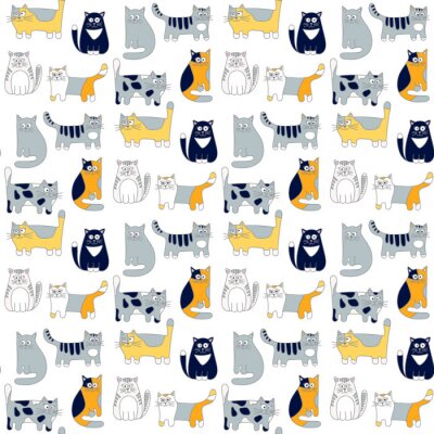 Tapete Nahtlose Muster mit lustigen Katzen. Hand gezeichnetes Gekritzel niedliche Katzen. Bunte Hintergrund für Kinder.