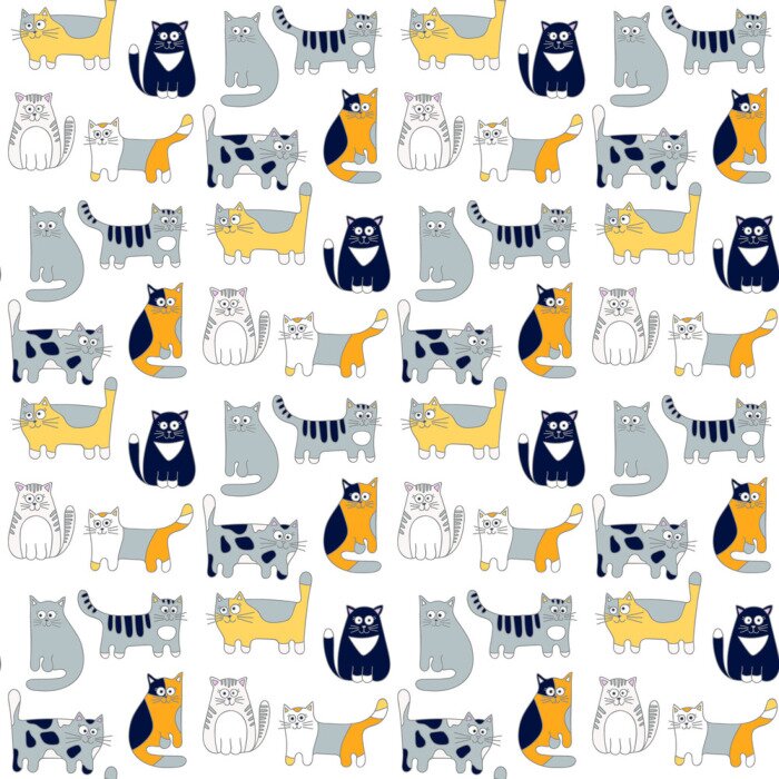 Tapete Nahtlose Muster mit lustigen Katzen. Hand gezeichnetes Gekritzel niedliche Katzen. Bunte Hintergrund für Kinder.