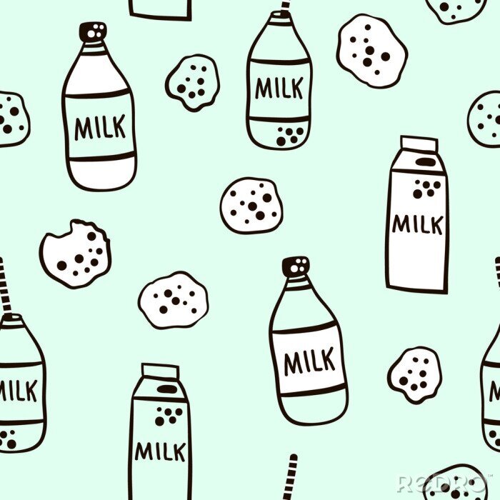 Tapete Nahtlose Muster mit niedlichen Milchflasche Charakter und Cookies in Schwarz-Weiß-Stil. Kreative Vektor kindliche Minze Hintergrund für Stoff, Textil