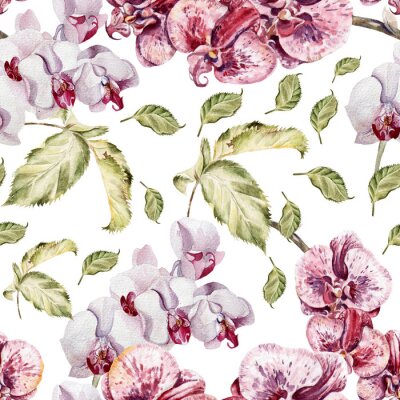 Tapete Nahtlose Muster mit Orchideenblüten und Blätter.