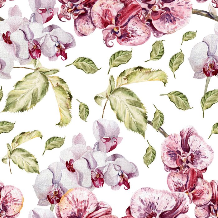 Tapete Nahtlose Muster mit Orchideenblüten und Blätter.