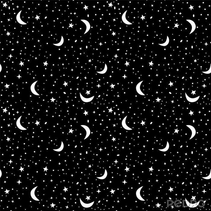 Tapete Nahtlose Muster mit Platz in Schwarz-Weiß-Farben. Vector Hintergrund mit Sternen und Mondsichel