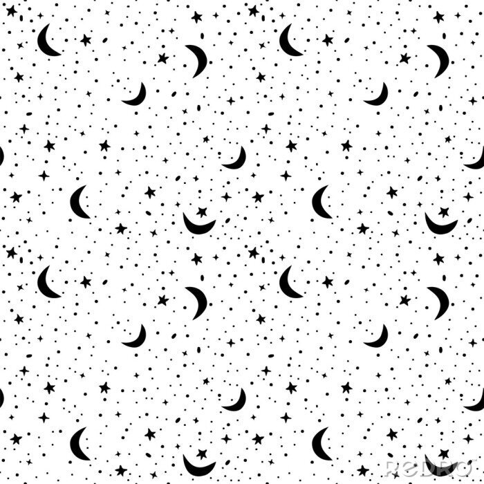 Tapete Nahtlose Muster mit Platz in weißen und schwarzen Farben. Vector Hintergrund mit Sternen und Halbmond