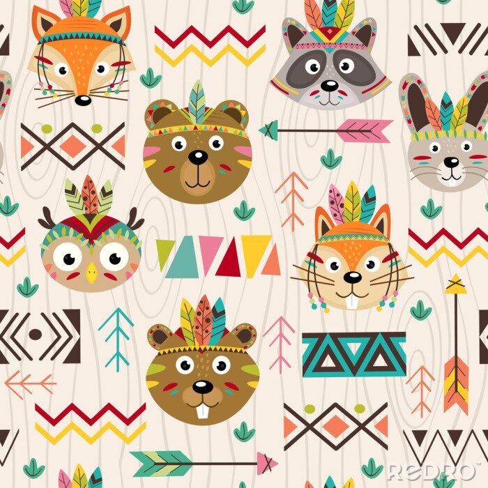 Tapete Nahtlose Muster mit Stammes-Tiere Gesichter - Vektor-Illustration, eps