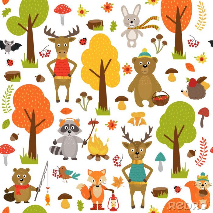 Tapete Nahtlose Muster mit Tieren von Wald auf weißem Hintergrund-Vektor-Illustration, eps
