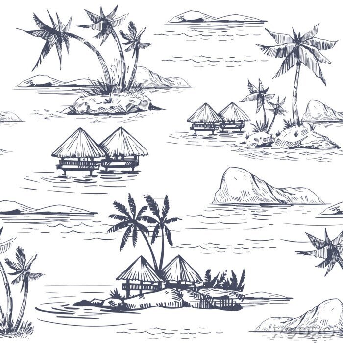 Tapete Nahtlose Muster mit tropischen Landschaften, Palmen, Hawaii. Hand gezeichneter Stil. Vektorumriss