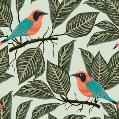 Nahtlose Muster mit tropischen Vögeln und Pflanzen. Exotische Flora und Fauna. Vintage Hand gezeichnet Vektor-Illustration in Aquarell-Stil