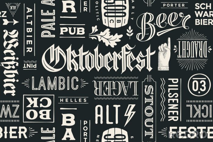 Tapete Nahtlose Muster mit verschiedenen Arten von Bier und Hand gezeichneten Schriftzug für Oktoberfest Bier Festival. Weinlesezeichnung für Tischset, Stabmenü, T-Shirt Druck und Bier themes. Abbildung
