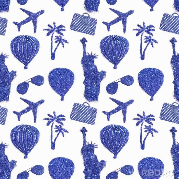 Tapete Nahtlose Muster mit verschiedenen Symbolen der Reise des blauen Glitzers. Freiheitsstatue, Luftballons, Flugzeuge