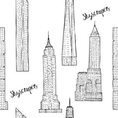 Nahtlose Muster mit Wolkenkratzern. Handgezeichnete Stadtbildskizzen