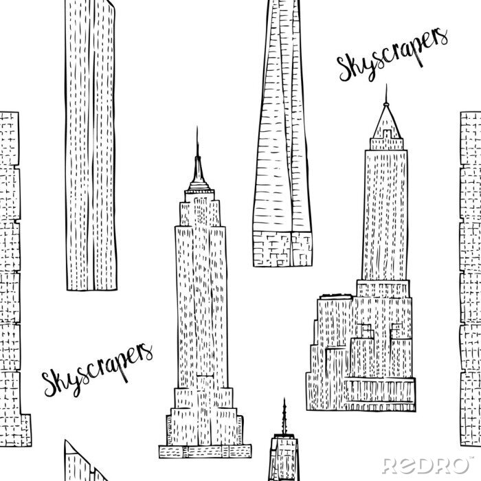 Tapete Nahtlose Muster mit Wolkenkratzern. Handgezeichnete Stadtbildskizzen