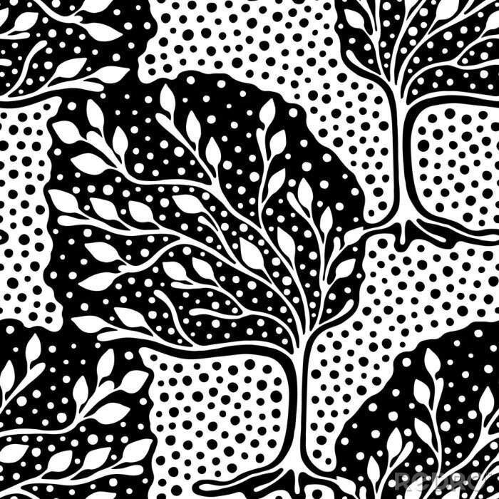 Tapete Nahtlose Muster, Vektor Hand gezeichnet wiederholen Illustration, dekorative ornamentale stilisierte endlose Bäume. Schwarz und weiß astract Seamles grafische Darstellung. Künstlerische linie zeichnun