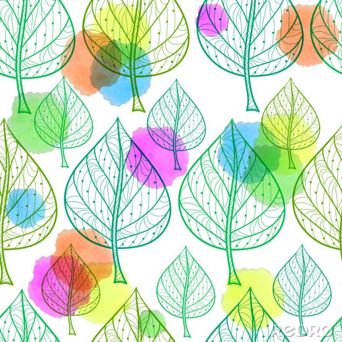 Tapete Nahtlose Muster von Blättern und Aquarell Flecken auf einem weißen Hintergrund
