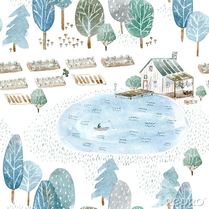 Tapete Nahtlose Muster von einem Fischerhaus und Garten. Landscape eines Waldes, See und See.Watercolor Hand gezeichnet illustration.White Hintergrund.
