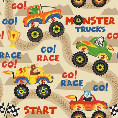 Tapete nahtlose Mustermonster-LKWs mit Tieren auf Rennstrecke - vector Illustration, ENV