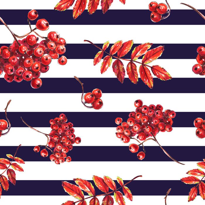 Tapete Nahtlose rote Eberesche Beeren auf gestreiften Hintergrund