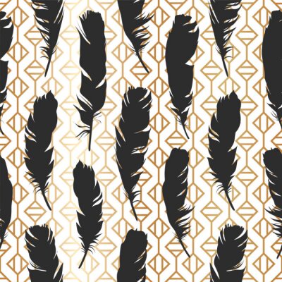 Nahtlose schwarze Illustration mit Federn auf einem gold geometricbackground. Natürliche Vektor-Muster. Boho-Stil. Einfache Silhouetten.