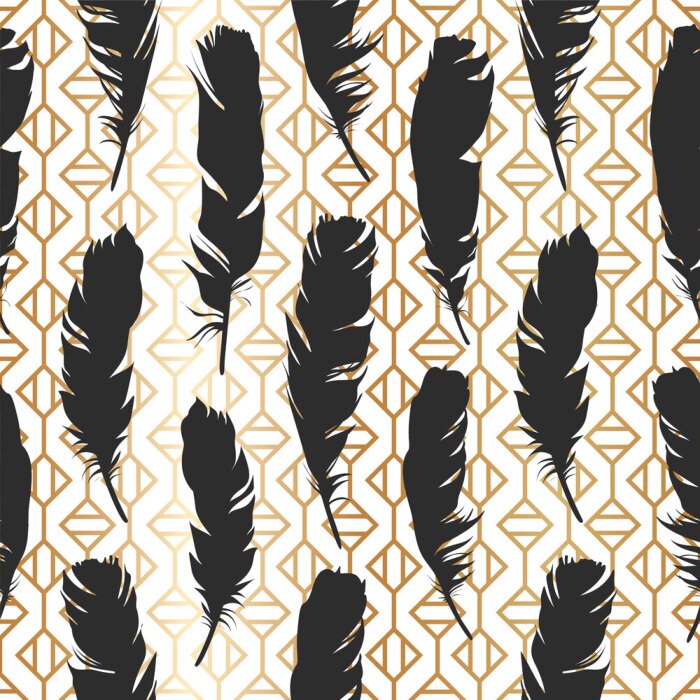 Tapete Nahtlose schwarze Illustration mit Federn auf einem gold geometricbackground. Natürliche Vektor-Muster. Boho-Stil. Einfache Silhouetten.
