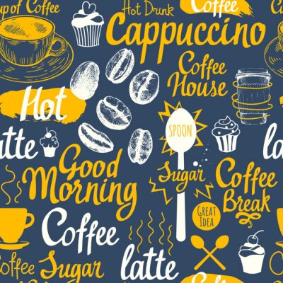 Tapete Nahtlose Skizze Hintergrund. Heißgetränkmenü. Vektor-Illustration-Muster mit Tasse, Kaffeemaschine, Bohnen, Löffel, Etiketten.