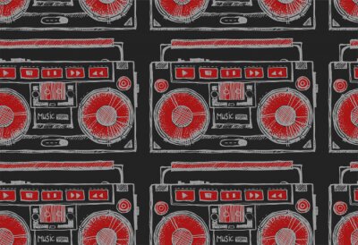 Tapete Nahtlose Textur mit Boombox von Hand gezeichnet. Hintergrund wiederholen. Fliesenmuster. Ornament mit alten Schule Rekordspieler.