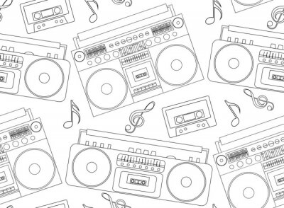Tapete Nahtlose Textur mit den Konturen der alten Tonbandgeräte, boomboxes, Kassette und Noten. Vector Hintergrund für Design-Musik-Website, Karten, Wallpaper und Ihre Kreativität