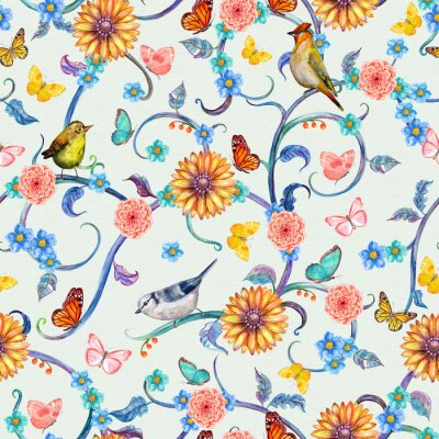 Tapete Nahtlose Textur mit schönen tropischen Flora und Vögel. Wasser