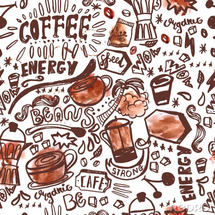 Tapete Nahtlose Tinte doodle Kaffee Muster auf weißem Hintergrund mit Aquarell Flecken, Hand gezeichnet Vektor-Illustration