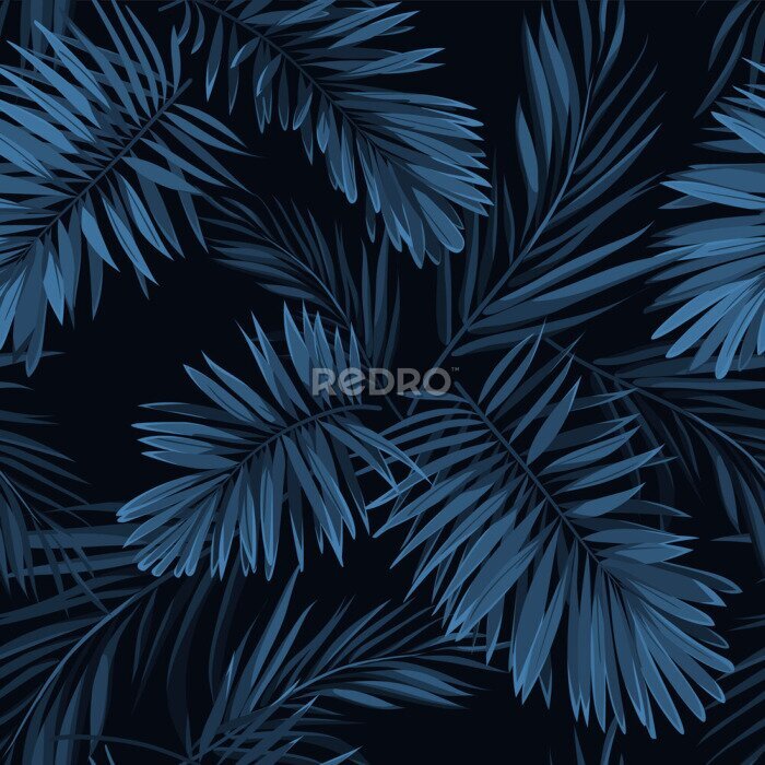 Tapete Nahtlose Vektor indigo blau Muster mit monstera Palmblätter auf dunklem Hintergrund. Sommer tropischen Stoff Design.
