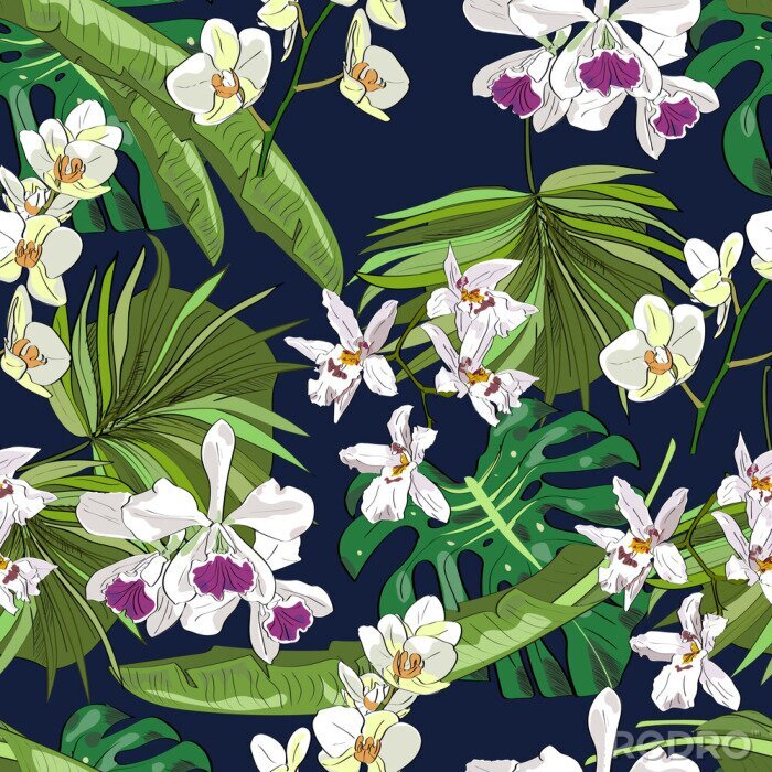 Tapete Nahtlose Vektor-Muster von exotischen Hand gezeichneten Blumen und Blätter. Tropischer Hintergrund.