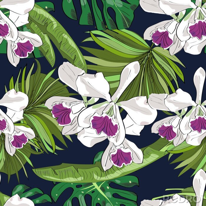 Tapete Nahtlose Vektor-Muster von exotischen Hand gezeichneten Blumen und Blätter. Tropischer Hintergrund.