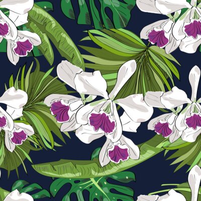 Tapete Nahtlose Vektor-Muster von exotischen Hand gezeichneten Blumen und Blätter. Tropischer Hintergrund.