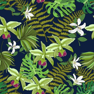 Tapete Nahtlose Vektor-Muster von exotischen Vektor gezeichneten Blumen und Blätter. Tropischer Hintergrund.