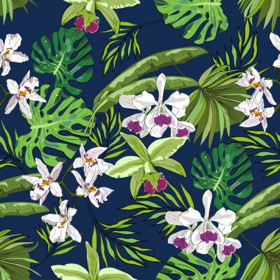 Tapete Nahtlose Vektor-Muster von exotischen Vektor gezeichneten Blumen und Blätter. Tropischer Hintergrund.