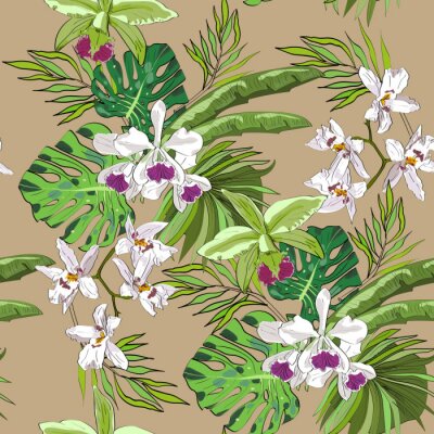 Tapete Nahtlose Vektor-Muster von exotischen Vektor gezeichneten Blumen und Blätter. Tropischer Hintergrund.
