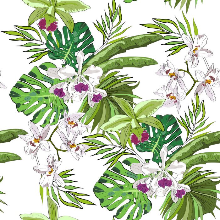 Tapete Nahtlose Vektor-Muster von exotischen Vektor gezeichneten Blumen und Blätter. Tropischer Hintergrund.