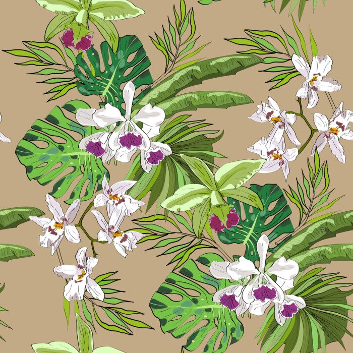 Tapete Nahtlose Vektor-Muster von exotischen Vektor gezeichneten Blumen und Blätter. Tropischer Hintergrund.