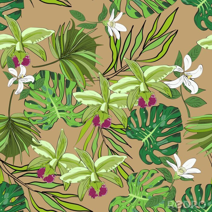 Tapete Nahtlose Vektor-Muster von exotischen Vektor Hand gezeichnet Blumen und Blätter. Tropischer Hintergrund.