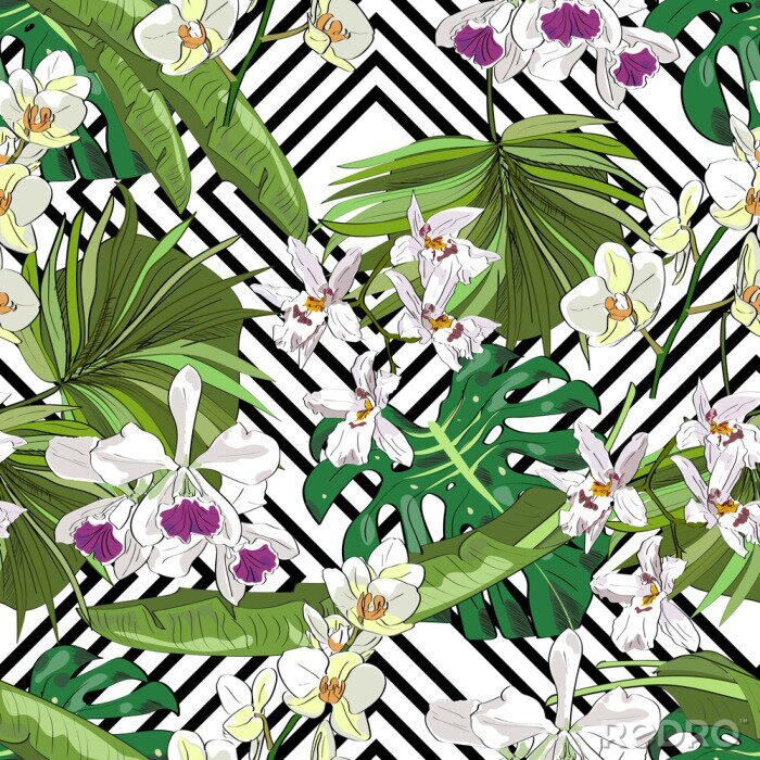Tapete Nahtlose Vektor-Muster von Hand gezeichneten Blumen und Blätter. Tropischer Hintergrund.