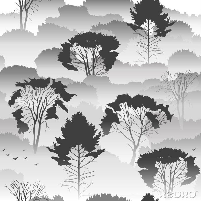 Tapete Nahtlose Vektor Schwarz-Weiß-Muster. Draufsicht auf einen herbstlichen Wald mit Laubbäumen im Nebel. Über die Umwelt, Natur, Reisen. Geheimnisvolle Landschaft.