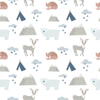 Tapete Nahtlose Wald Tiere Hintergrund mit süßen Hirsche, Bär und Fuchs. Cartoon-Stil.