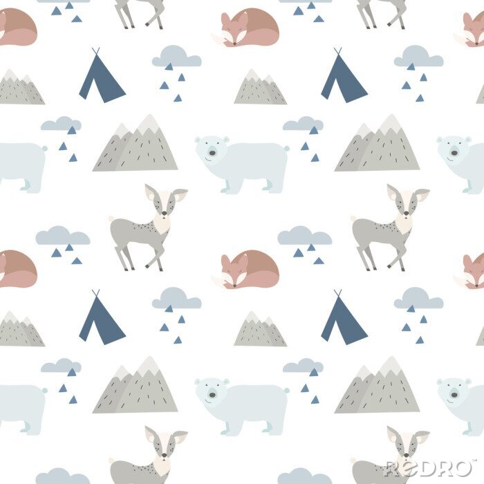 Tapete Nahtlose Wald Tiere Hintergrund mit süßen Hirsche, Bär und Fuchs. Cartoon-Stil.