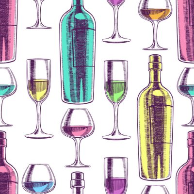 Tapete Nahtlose Weinflaschen und Gläser