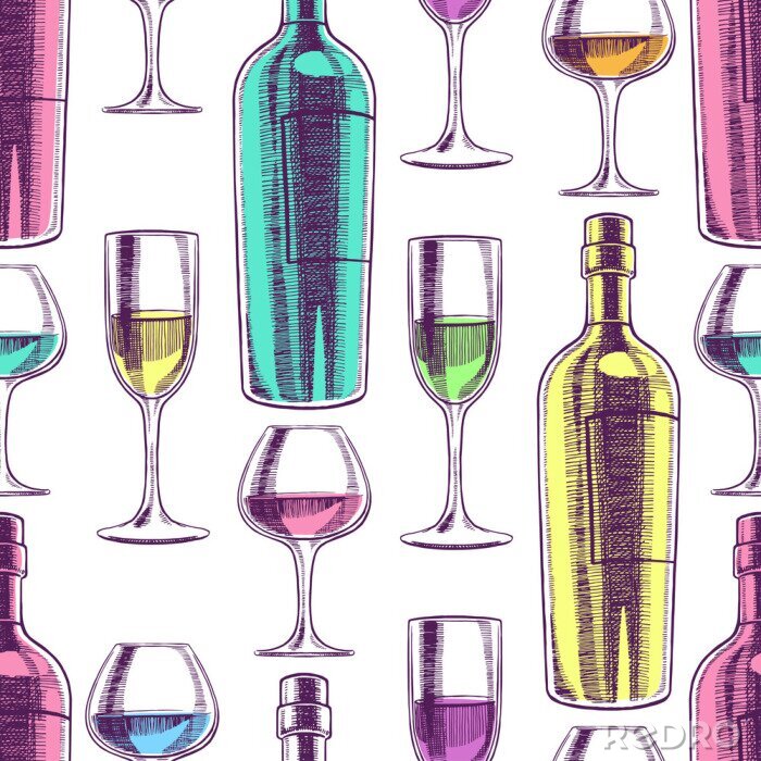 Tapete Nahtlose Weinflaschen und Gläser